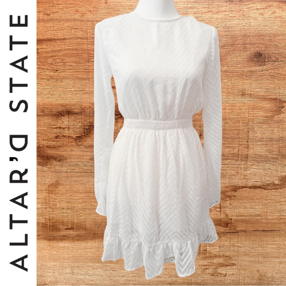 Altar'd State White Patterned Long Sleeve Mini Ruffle Dress / Size Small